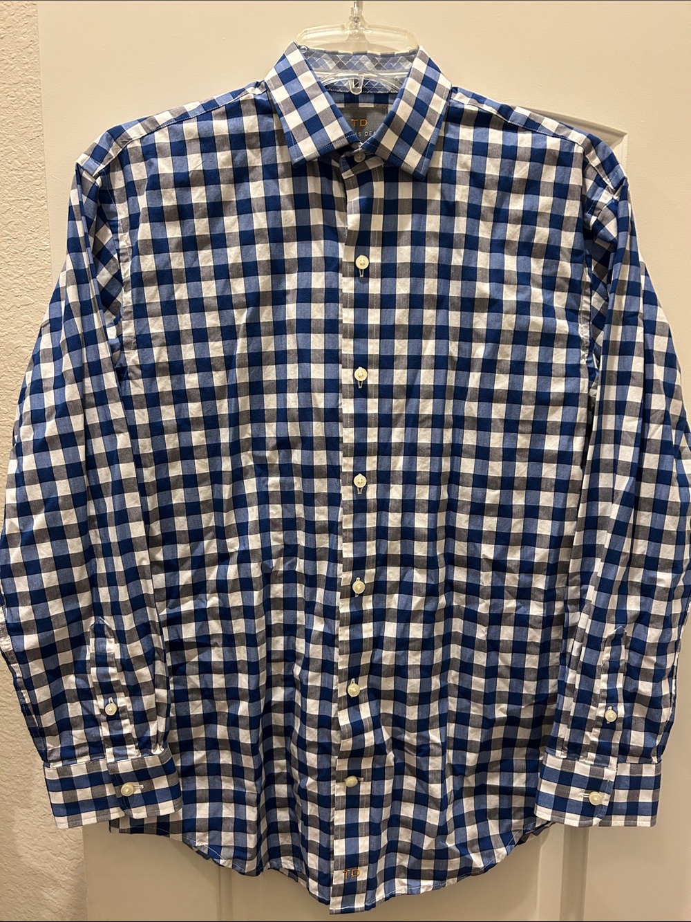 Thomas Dean Blue Gray White Gingham Plaid Button Down Dress L Boy 14/16 LS Shirt